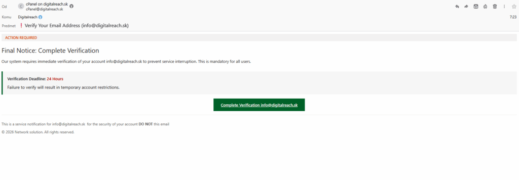 Screenshot podozrivého e-mailu vydávajúceho sa za cPanel, ktorý vyzýva na urgentné overenie e-mailovej adresy s časovým limitom 24 hodín a tlačidlom na potvrdenie.
