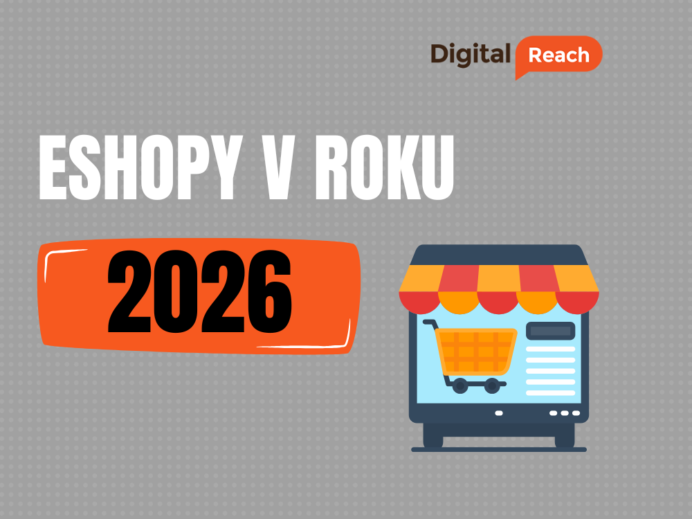 Grafika s textom „Eshopy v roku 2026“ a ilustráciou online obchodu s nákupným košíkom na obrazovke.