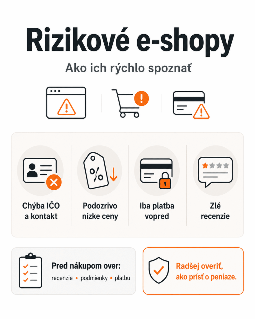 varovné znaky rizikových e-shopov, ako sú chýbajúce kontakty, nízke ceny, platba vopred a zlé recenzie.