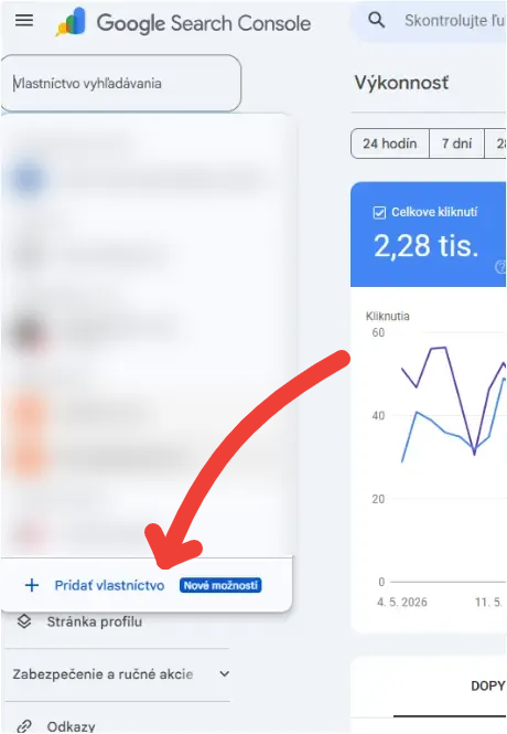 Google Search Console s vyznačenou možnosťou Pridať vlastníctvo pre pridanie sociálnej siete