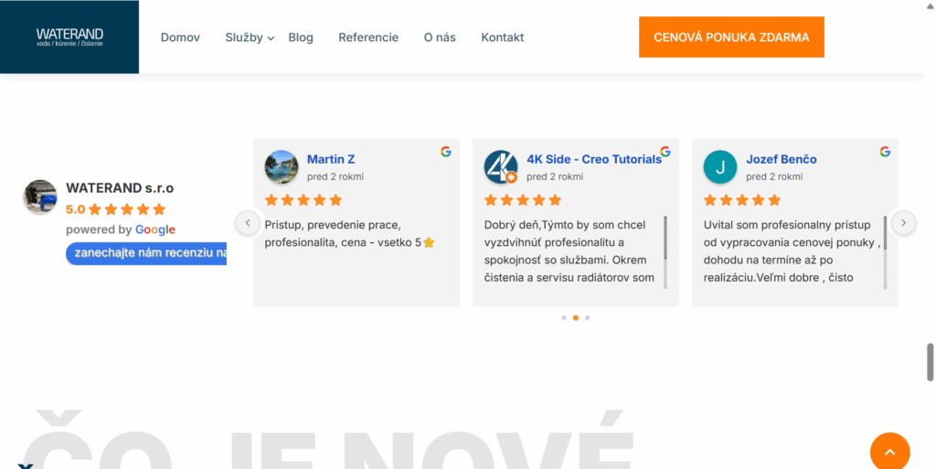 Google Reviews carousel na homepage zobrazuje hodnotenie firmy, konkrétne skúsenosti zákazníkov a preklik na pridanie alebo zobrazenie ďalších recenzií.