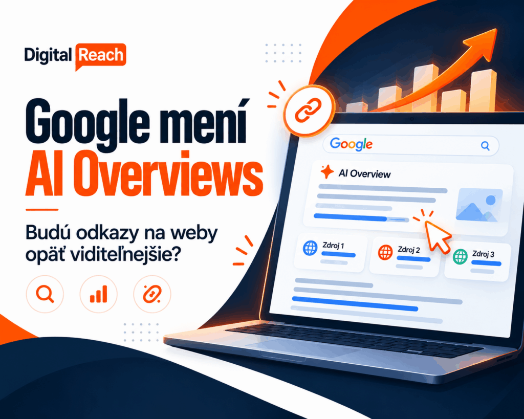 Titulný obrázok znázorňujúci Google AI Overviews s výraznejšími odkazmi na webové stránky, zdrojmi informácií a rastúcou viditeľnosťou vo vyhľadávaní.